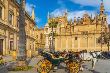 Naklejka premium Giralda tower and Seville Cathedral in downtown Spain
