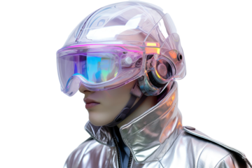  image of a man in a suit and helmet, in the style of cyberpunk surrealism, mobile sculptures, chromatic saturation, made of glass, vaporwave, grey academia isolated PNG