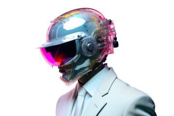  image of a man in a suit and helmet, in the style of cyberpunk surrealism, mobile sculptures, chromatic saturation, made of glass, vaporwave, grey academia isolated PNG