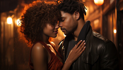 Young couple embracing, smiling, enjoying nightlife, in a beautiful relationship generated by AI