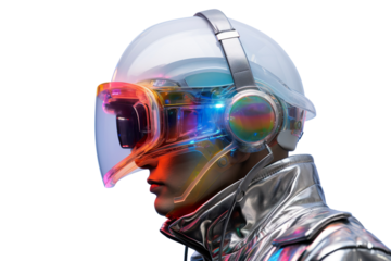  image of a man in a suit and helmet, in the style of cyberpunk surrealism, mobile sculptures, chromatic saturation, made of glass, vaporwave, grey academia isolated PNG