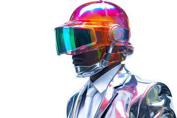  image of a man in a suit and helmet, in the style of cyberpunk surrealism, mobile sculptures, chromatic saturation, made of glass, vaporwave, grey academia isolated PNG