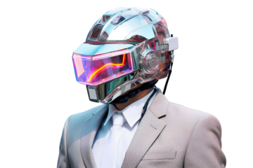  image of a man in a suit and helmet, in the style of cyberpunk surrealism, mobile sculptures, chromatic saturation, made of glass, vaporwave, grey academia isolated PNG