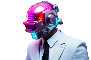  image of a man in a suit and helmet, in the style of cyberpunk surrealism, mobile sculptures, chromatic saturation, made of glass, vaporwave, grey academia isolated PNG