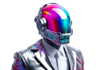  image of a man in a suit and helmet, in the style of cyberpunk surrealism, mobile sculptures, chromatic saturation, made of glass, vaporwave, grey academia isolated PNG