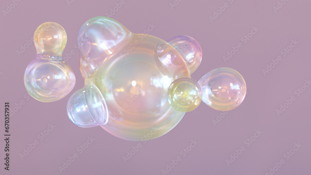 Poster abstract liquid circles on a background of pastel color with spacing. 3d design of a rainbow-colored
