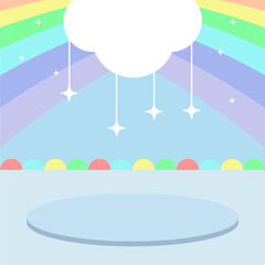 Square Background with Stage Decorated with Colorful Balls and Rainbows for Children
