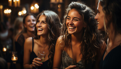 Young women enjoying nightlife, smiling and dancing in a nightclub generated by AI - obrazy, fototapety, plakaty