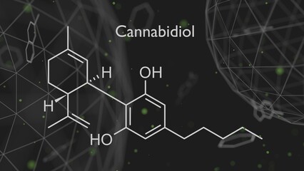 Cannabidiol or CBD molecular structural chemical formula. Futuristic science backdrop. Pharmacology concept. 3D render.