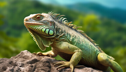 Fototapeta premium A green iguana crawls on a branch in the tropical rainforest generated by AI