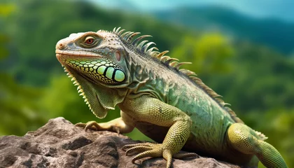 Foto op Canvas A green iguana crawls on a branch in the tropical rainforest generated by AI © Jemastock