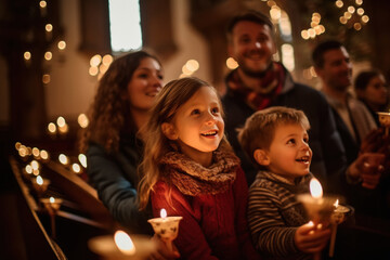 Obraz na płótnie Canvas Family singing hymns together on Christmas in church