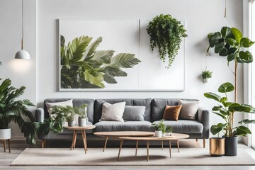 Fototapeta na wymiar Poster above white cabinet with plant next to grey sofa in simple living room interior