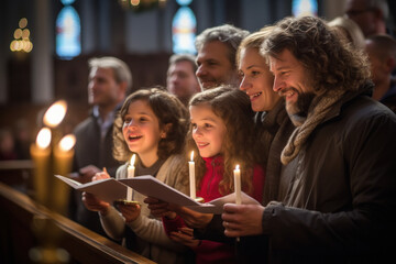 Family singing hymns together on Christmas in church - obrazy, fototapety, plakaty