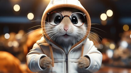 Cute hamster in a jacket and hood in the snowy winter for the Christmas and New Year holiday