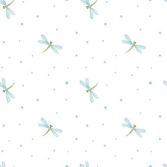 Seamless pattern with cute watercolor dragonfly on white background. Endless cute pattern for textile or fabric for newborns. © Elena