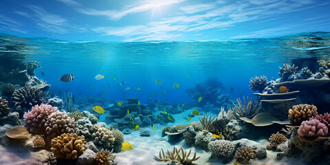 Underwater scene with fish and sun rays on the water, 