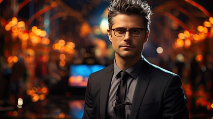 Handsome male TV news presenter in a business suit against the background of a television studio