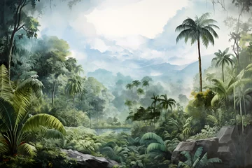 Poster Im Rahmen watercolour painting of the jungle landscape, a picturesque natural environment in soft harmonious colours © sam