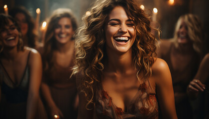 Smiling young women enjoy nightlife, dancing in a carefree group generated by AI