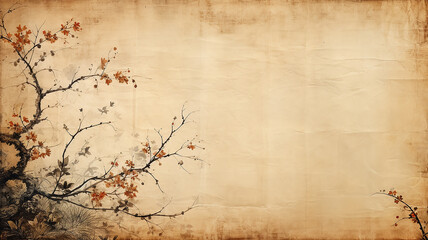 background with copy space, ancient parchment paper, with a frame of ornaments of autumn branches and leaves, autumn blank
