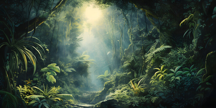 watercolour painting of the jungle landscape, a picturesque natural environment in soft harmonious colours