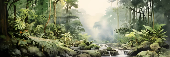 Zelfklevend Fotobehang watercolour painting of the jungle landscape, a picturesque natural environment in soft harmonious colours © sam