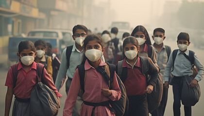 People of Delhi wear pollution masks outdoors.