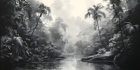 vintage sketch of the jungle landscape, a picturesque natural environment for wallpaper, wall art, card design