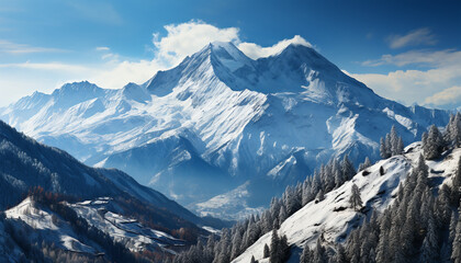 Majestic mountain peak, tranquil scene, snow covered landscape, winter beauty generated by AI