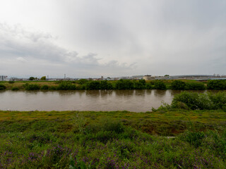 雨上がりの濁流が流れる大和川