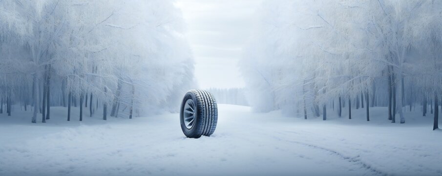New winter tires advertisement concept in snowy forest Generative AI