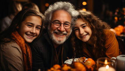 Obraz na płótnie Canvas A joyful multi generation family enjoying a winter feast indoors generated by AI
