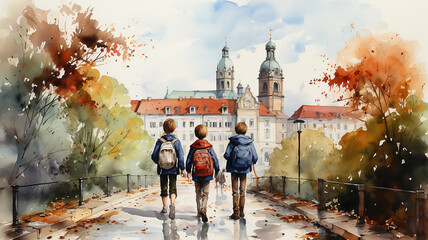 row of children with backpacks view back to school abstract European old town on white background, watercolor painting design drawing