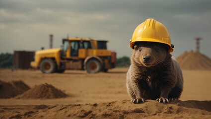 Mole with yellow helmet at construction site - obrazy, fototapety, plakaty