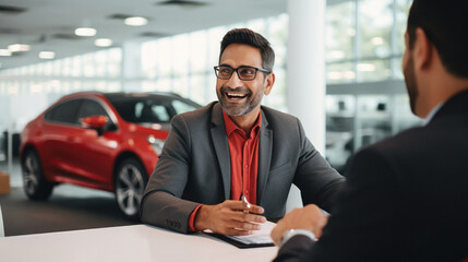Indian businessman being interviewed at his new car dealership