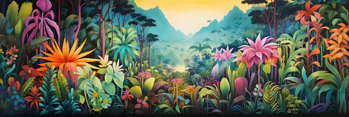 Papier Peint photo Chambre denfants colourful painting of the jungle landscape, a picturesque cute and simple natural environment in bright cartoon colours
