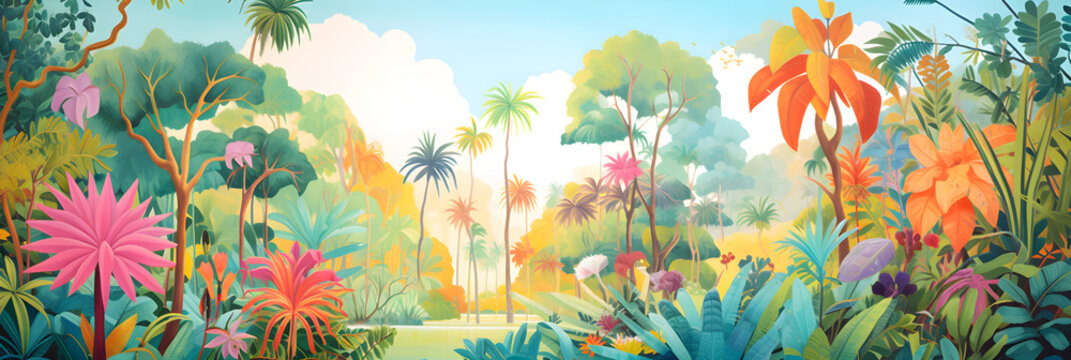 Colourful Painting Of The Jungle Landscape, A Picturesque Cute And Simple Natural Environment In Bright Cartoon Colours