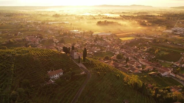 Aerial landscape view over the famous prosecco hills with vineyard rows, Italy, on a misty morning sunrise