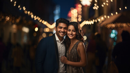 Young indian couple celebrating new year party - obrazy, fototapety, plakaty
