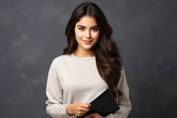 Young college girl holding book in hand