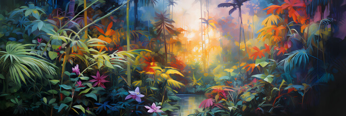 colourful impressionist painting of the jungle landscape, a picturesque natural environment in harmonious colours