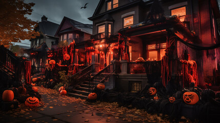 Evening view of a beautiful Halloween decorated house
