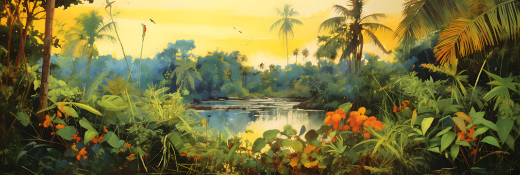 colourful painting of the jungle landscape, a picturesque natural environment in cartoon style