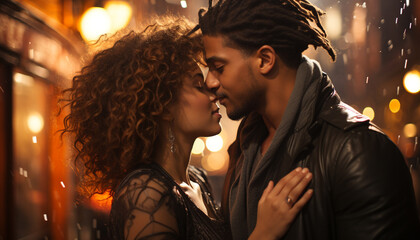 Young couple embracing, smiling, enjoying nature beauty at sunset generated by AI