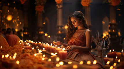 Obraz na płótnie Canvas Woman decorating house with lamps on Diwali festival