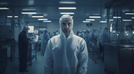 Lab-coated professional at work. Pharmaceutical factory with stainless steel equipment, exemplifying impeccable cleanliness and sanitary conditions.