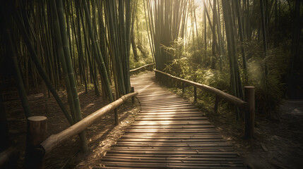 Step into the peaceful heart of a bamboo forest as you walk along a path crafted from bamboo....