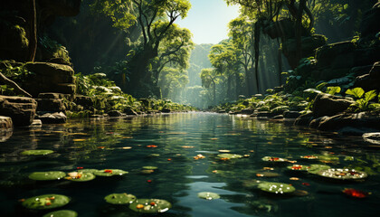 Tranquil scene green forest, reflecting pond, tropical rainforest adventure generated by AI