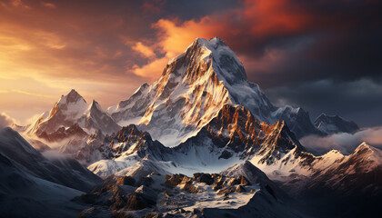 Majestic mountain peak, snow covered landscape, sunset over panoramic range generated by AI